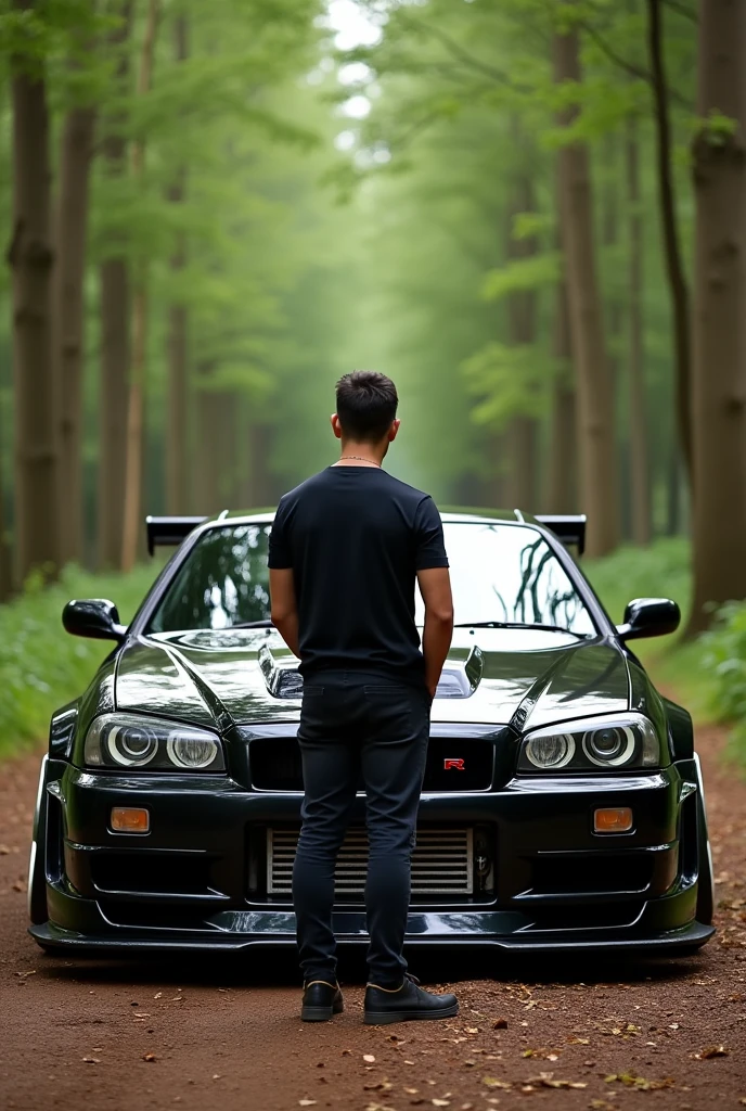A man standing in front of a nissan gtr r34 black fully modified in a forest