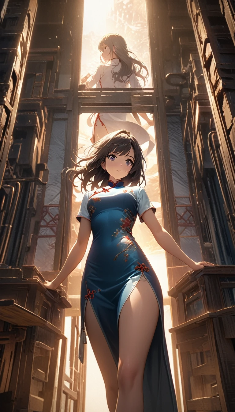 Cheongsam Girl,Long Hair,Pure white background,Depth of written boundary,Low angle view,Calf Level View,Overclocked Renderer,Cinema Lighting,Ultra-fine,Very detailed,complicated,Cinematic Perspective,CG Art,Side zipper