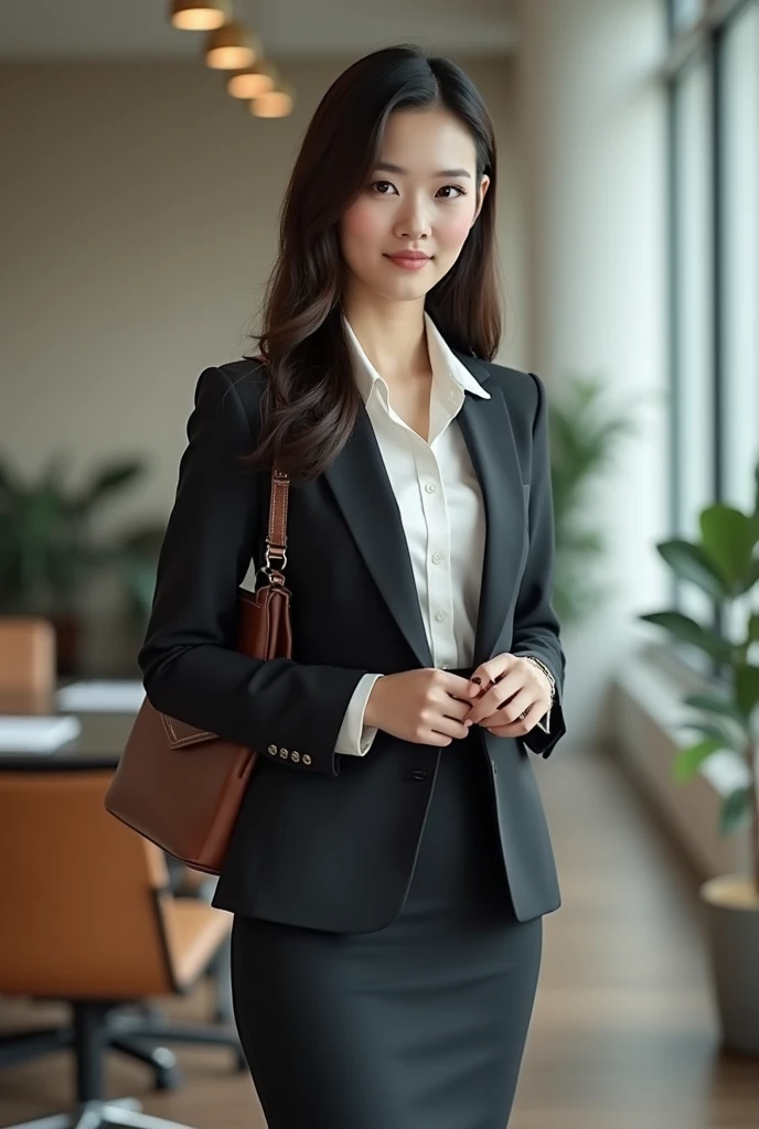 A beautiful woman with a secretary look