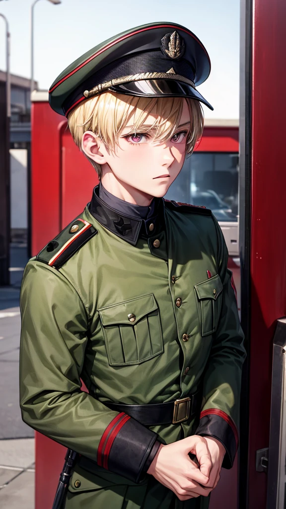 There was a 1 boy with blonde hair and red eyes, wearing a cool German military uniform.