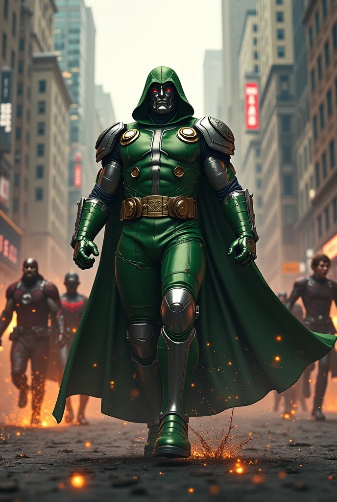 Doctor doom fighting against on avengers team in new York