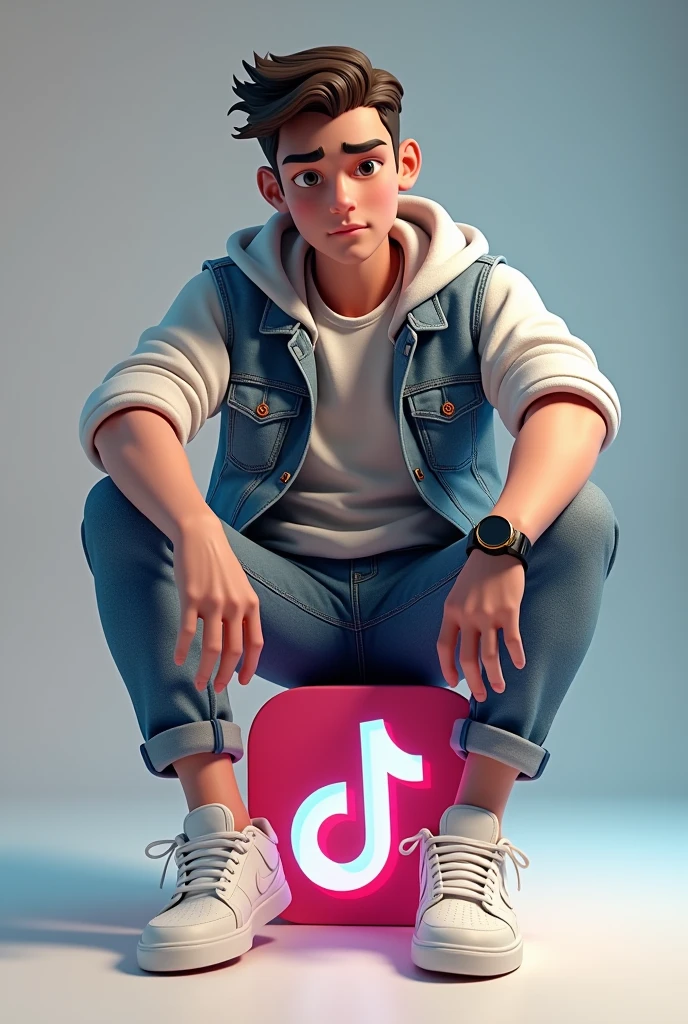 créez une illustration 3D d'un personnage aimée Assis de manière décontracté au-dessus d'un logo de media social «tik tok» le personnage doit porter des vêtements moderne et décontracté d'une veste en jean et des chaussures de sport Nike air de couleur blanche.  Le fond de l'image est une page de profil du media social avec un nom d'utilisateur “Tarno/ 24k abonné" et une photo de profil qui correspond,