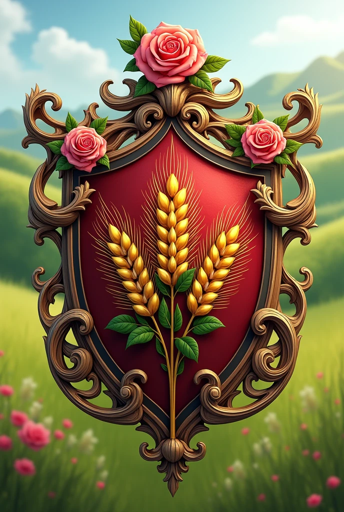 Create the coat of arms of a noble house. The noble house is from a city that produces grains, it&#39;s meadow, the symbol is wheat and roses. Deve ser png, just the coat of arms, medieval style