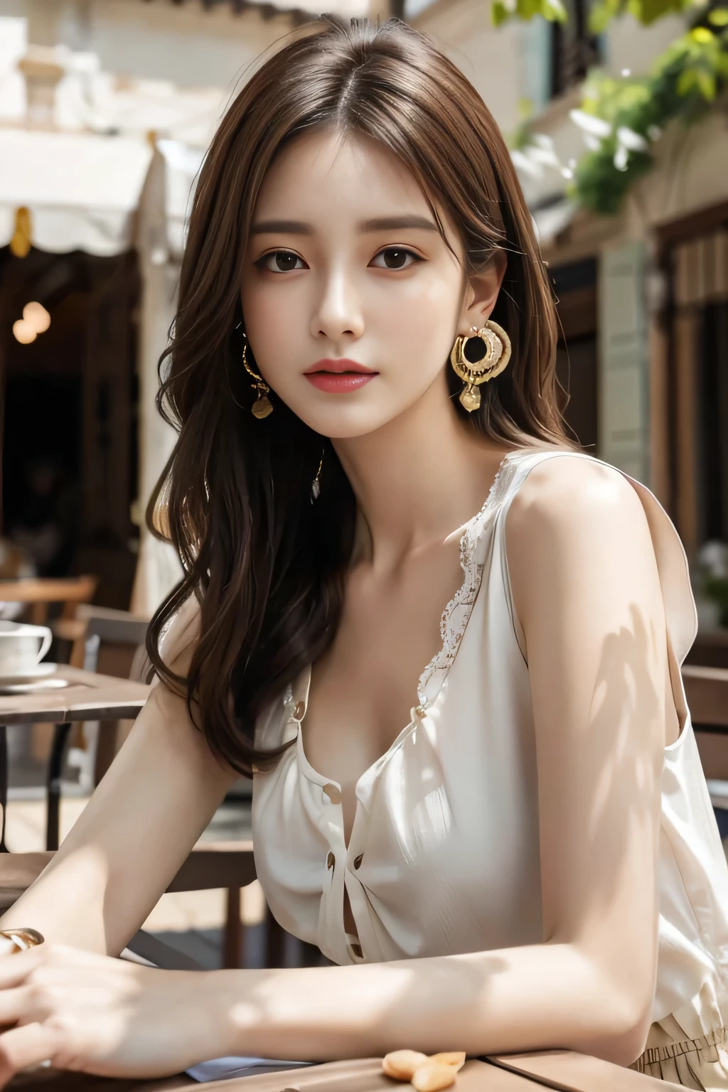 masterpiece, Highest quality, Realistic, Very detailed, Finer details, High resolution, 8k wallpaper, One beautiful woman,Wear a nice blouse, On the terrace of a lovely cafe, at noon, Light brown messy hair, Perfect dynamic composition, Beautiful and beautiful eyes、Big earrings、Sleeveless shirt、