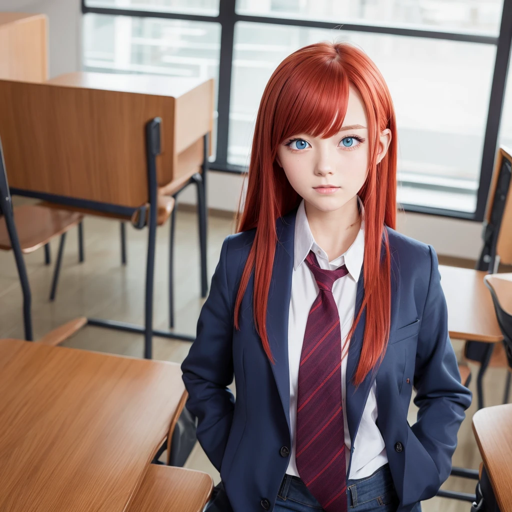 Anime girl with red hair and blue eyes in school clothes