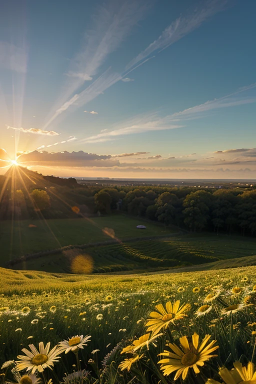 The most beautiful and wide field of daisy flowers with various colors and sunlight shining down.