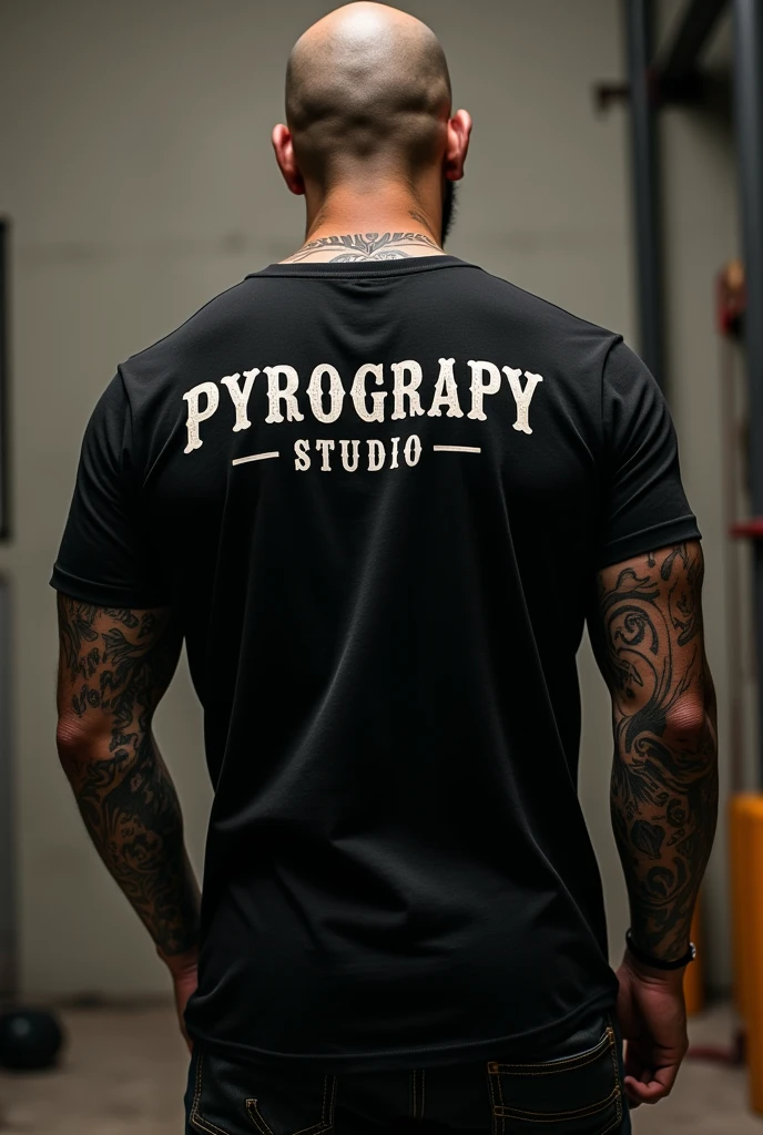 Shaved, dark, tattooed man from behind wearing a black t-shirt with the legend Pyrograpy Studio