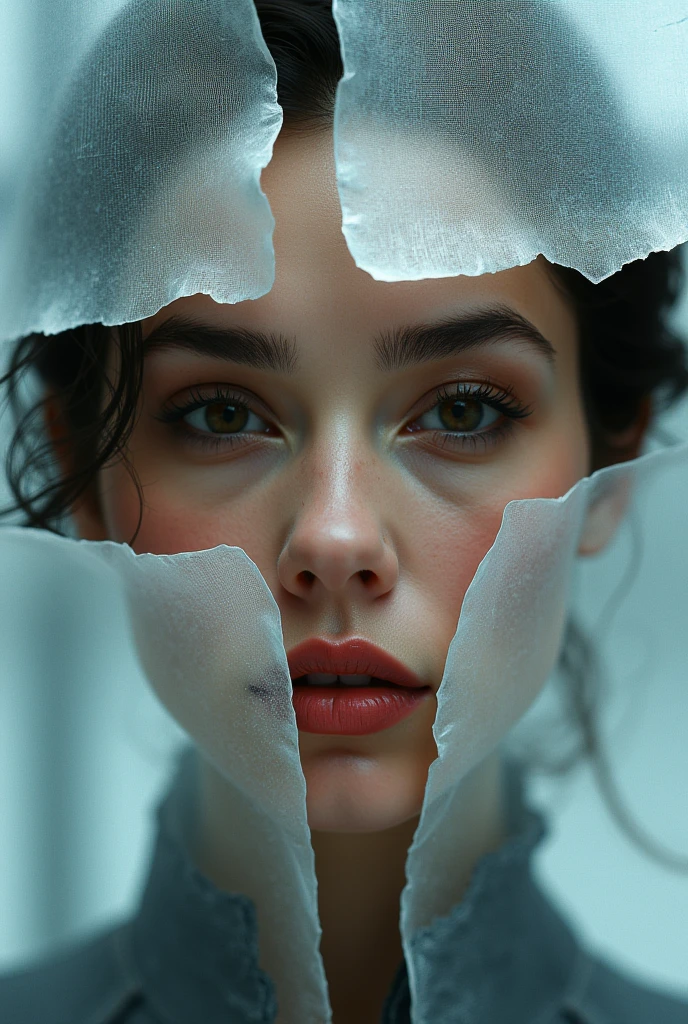 Woman's face divided by torn paper with futuristic background