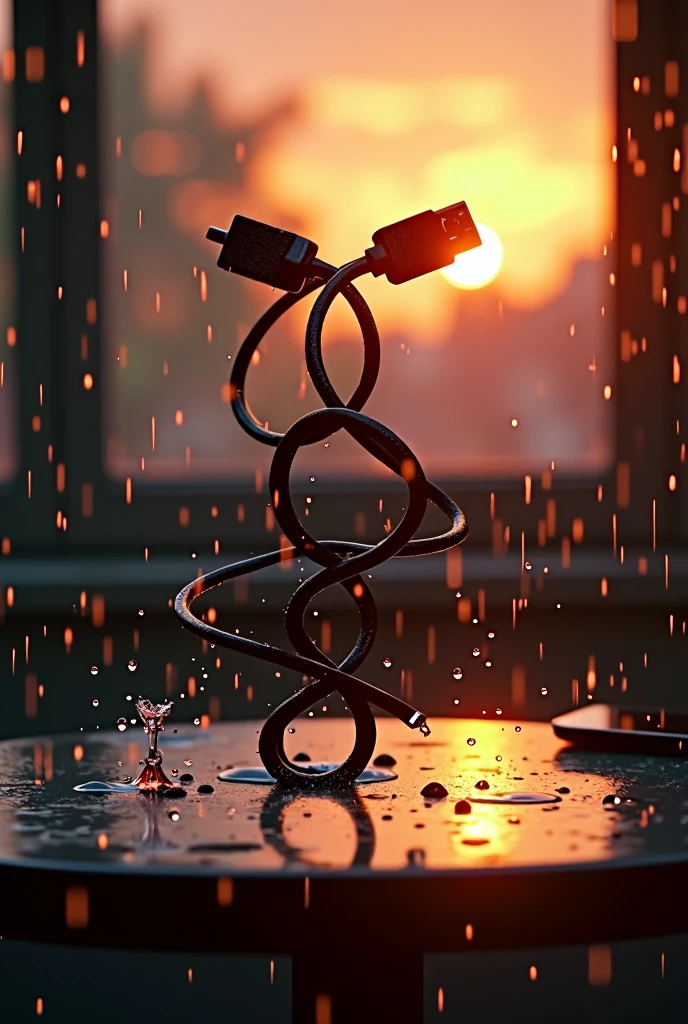 2 Charging cable dance in table with sunset rainy backround