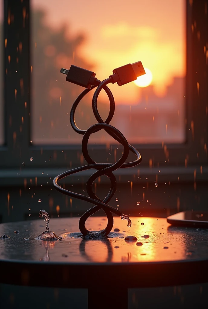 2 Charging cable dance in table with sunset rainy backround