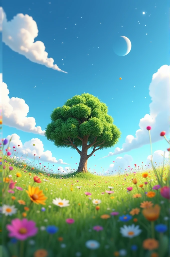 Viral anime nature wallpaper in 4K quality, in the style of Pixar 3D inspired by Toy Story, showcasing a lush meadow filled with colorful wildflowers, a clear blue sky with fluffy clouds and sun , and a single majestic tree standing in the middle; bright and cheerful color temperature, cosmos lighting with stars twinkling in the sky, no human characters, the atmosphere is whimsical and joyful --v 5 --stylize 1000