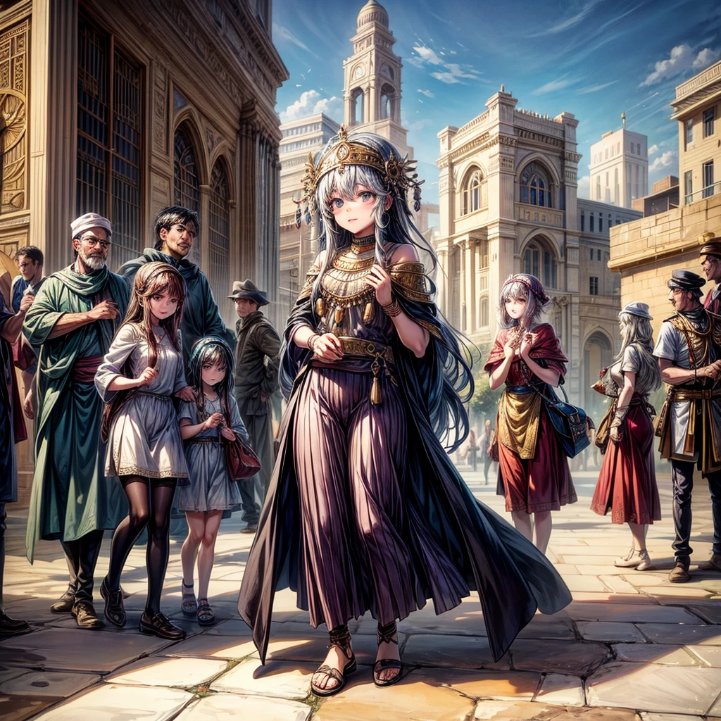 Happy Mesopotamian people in a Mesopotamian city with sad Jews on a corner