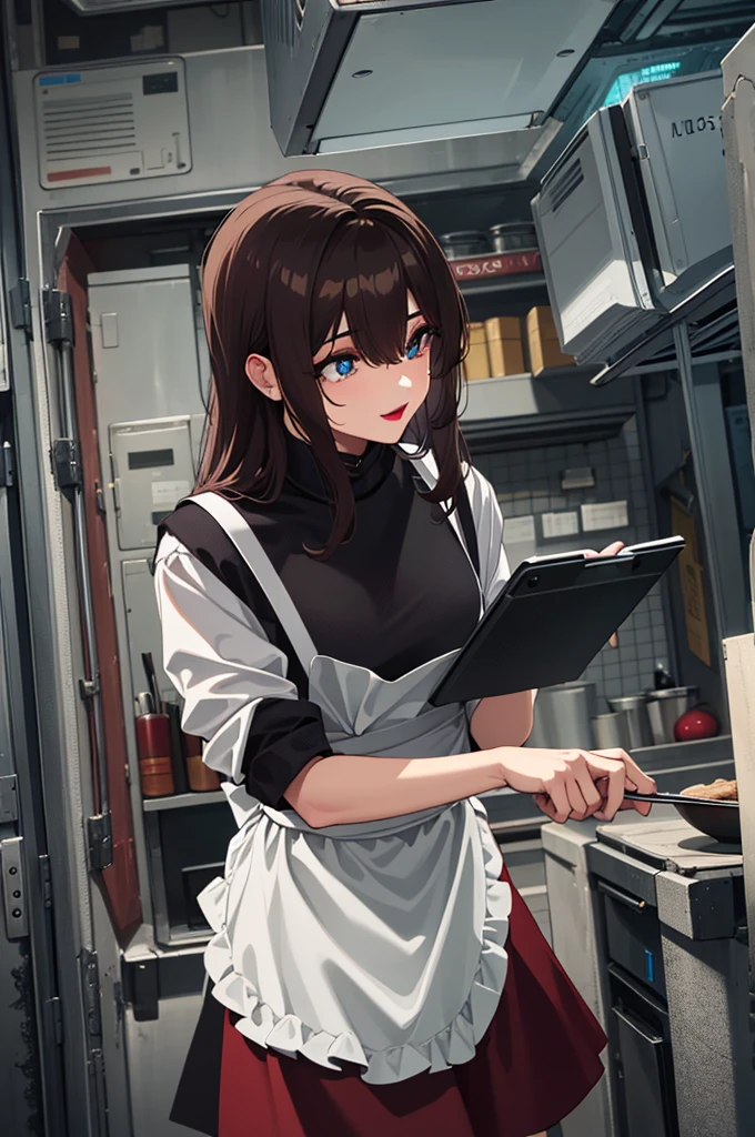 bangs,brown_hair, long_hair,red eyes,lipstick,makeup,
BREAK (white shirt, apron, red skirt, chef, red apron:1.2)
BREAK (masterpiece:1.2), best quality, high resolution, unity 8k wallpaper, (illustration:0.8), (beautiful detailed eyes:1.6), extremely detailed face, perfect lighting, extremely detailed CG, (perfect hands, perfect anatomy),