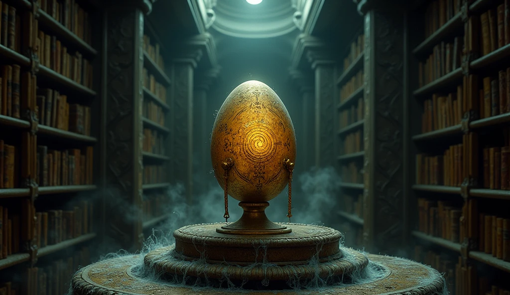 A dimly lit hidden chamber in an old university library basement, filled with dusty shelves and cobwebs. In the center, a golden egg with intricate ancient symbols rests on an ornate pedestal, glowing softly and casting an eerie light.