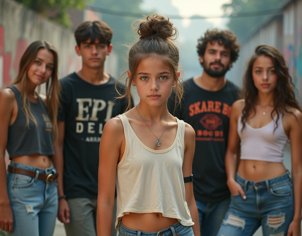 Photo of a girl in skater fashion and her male and female friends. Everyone is wearing a tank top