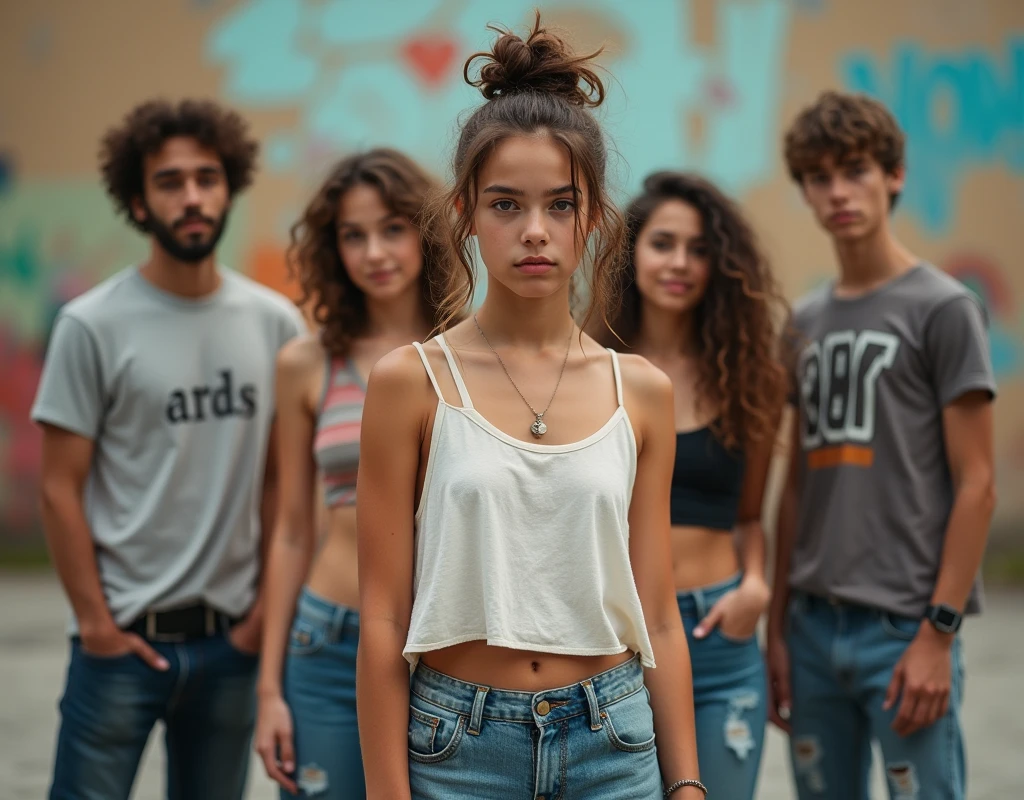 Photo of a  girl in skater fashion and her male and female friends. Everyone is wearing a tank top