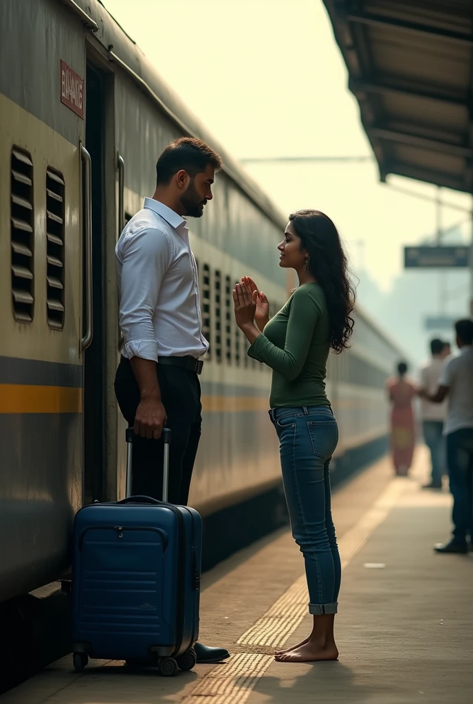 A couple in indian railway station and men are in the train door and train has out of station are slowly and women say good bye to him both are emotional for long distance and men had a trolly bag and women wear a baggy jins and green top and men wear a black formal paint and white shirt and men had a blue trolly bag and the station name bhanuprattappur men fitness bulky A man is going in a train and a woman is saying bye, the train has left the station men had a blue trolly bag