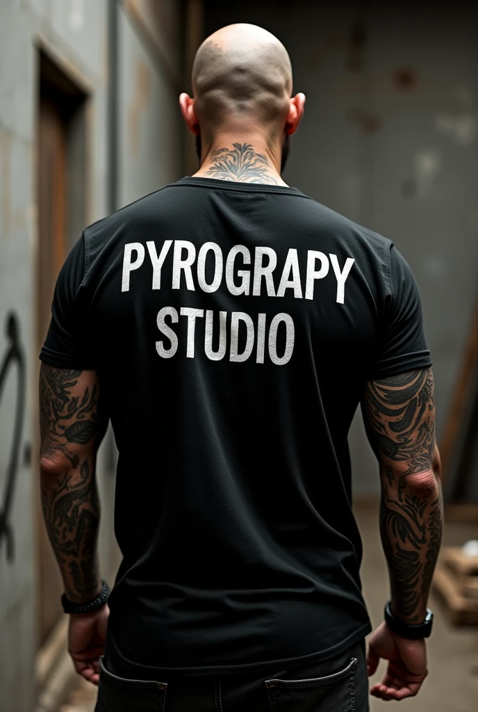 Shaved, dark, tattooed man from behind wearing a black t-shirt with the legend Pyrograpy Studio 

