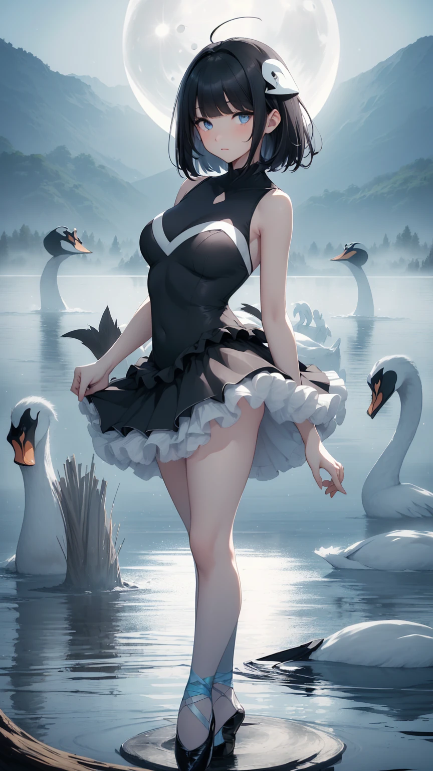 Highest quality, flying debris、Beautiful woman、Black Hair、(Dark blue eyes、Blunt bangs、Blunt bangs)、short hair、beginner,Full body portrait、break(Ballet Dancer、Ballet Dress、Tutu skirt:1.2)、break(((The lake of swan、Moonlit Night:1.3))),Big Breasts、((The fog is thick.))、BREAK((Black and light blue theme:1.2))