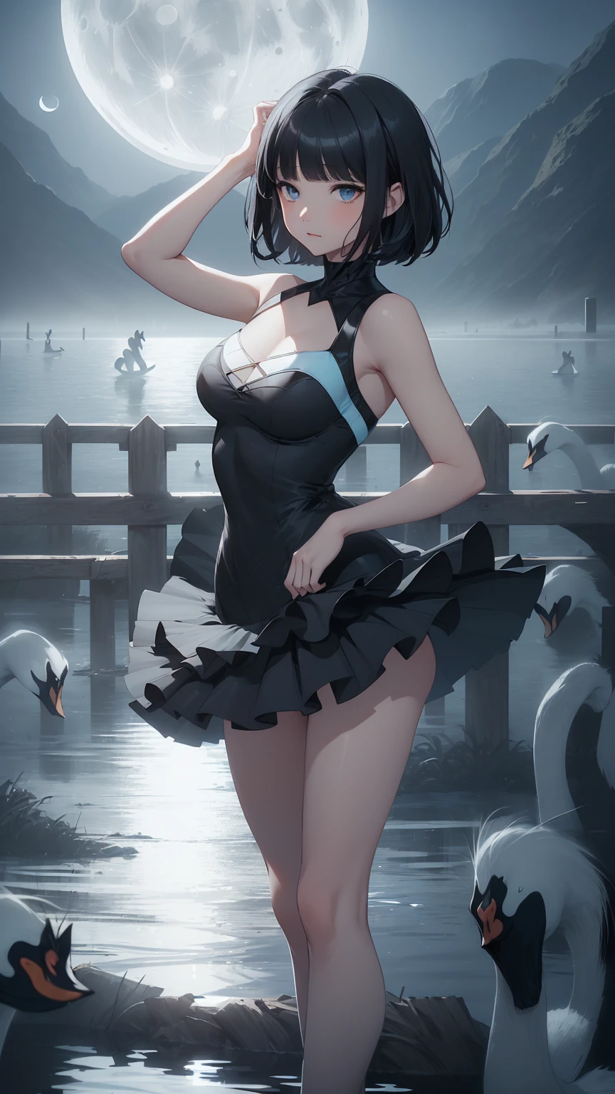 Highest quality, flying debris、Beautiful woman、Black Hair、(Dark blue eyes、Blunt bangs、Blunt bangs)、short hair、beginner,Full body portrait、break(Ballet Dancer、Ballet Dress、Tutu skirt:1.2)、break(((The lake of swan、Moonlit Night:1.3))),Big Breasts、((The fog is thick.))、BREAK((Black and light blue theme:1.2))