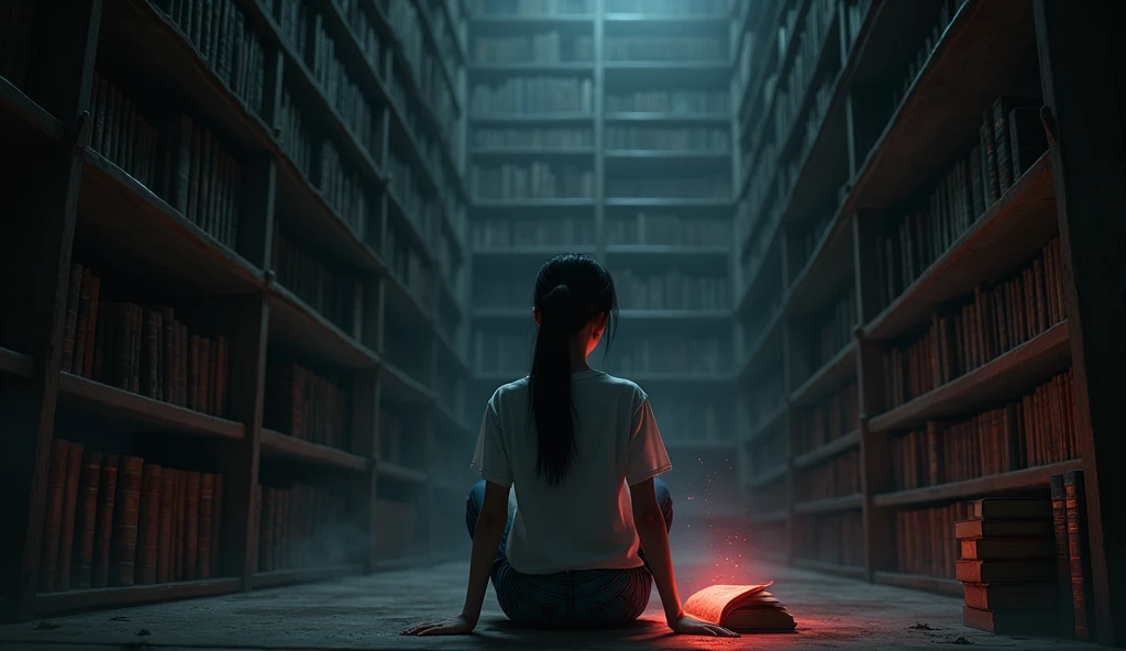 A dimly lit, old, dusty library with towering bookshelves filled with ancient, worn-out books. In the center of the scene, a young Thai woman named Nok, with long, straight black hair tied in a ponytail, is standing. She wears a simple blouse and jeans, with a soft, round face and large, expressive brown eyes that convey determination and curiosity. Nok, sits on the floor in the dark conner. The notebook appears slightly worn, with an eerie, faint glow coming from the blood-red ink on its pages. Dust particles float in the air, and the atmosphere is filled with a sense of mystery and unease as Nok and her friends exchange concerned glances.