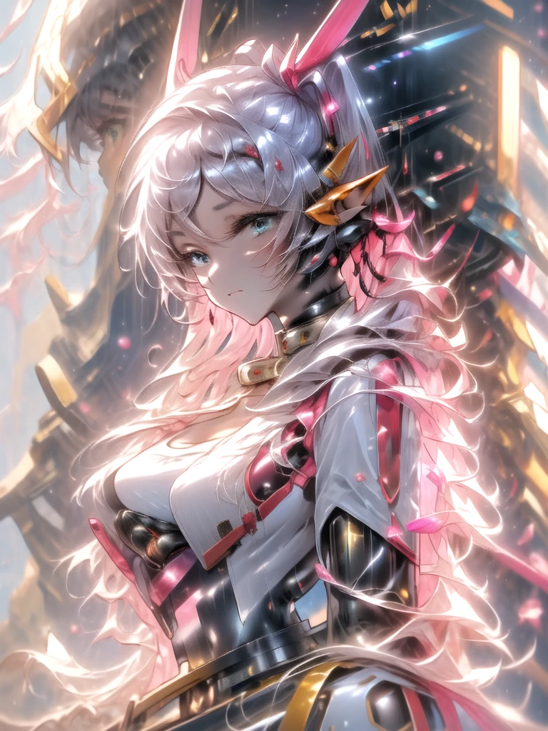 masterpiece,best quality,1girl,aafrie,[green eyes|blue eyes],long hair,white hair,twintails,pointy ears,thick eyebrows,flat chest,(chest armor),mecha musume,white theme,bodysuit,fortified suit,mechanical parts,robot joints,headgear,full armor,expressionless,looking at viewer,action pose,outer space,science fiction,