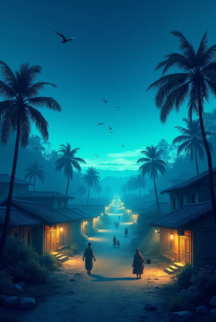 A Indian Village with beautiful blue and green light at the night time blue sky and Star whit flaying Birds Village has people that doing her work