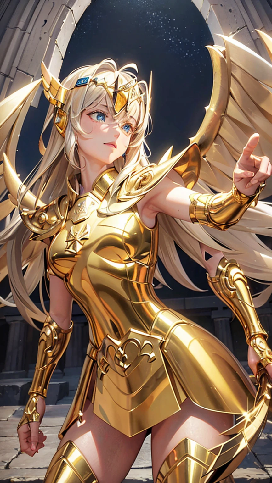 masterpiece, Highest quality, Very detailed, 16K, Ultra-high resolution, Cowboy Shot, Detailed face, Perfect Fingers, 1 female, , Greece, In front of the Parthenon, 射手座のarmor, armor, golden armor, wing, Helmet, long metal wing, long golden wing,Natural Blonde、Blue Eyes、White skin、