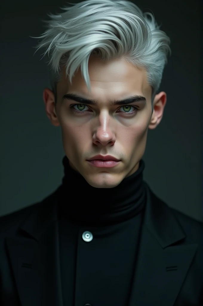 silver hair boy, green eyes, handsome. Serious looking and dressed in black