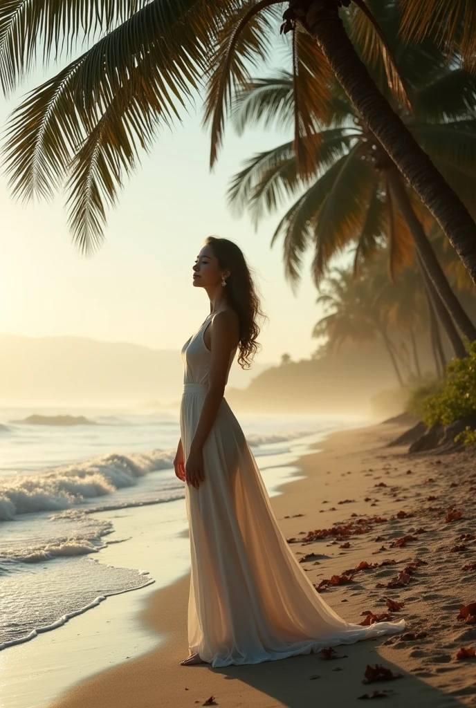 “A serene and artistic fashion photograph of a woman posed gracefully by the edge of a tranquil beach at sunrise. The scene is minimalist, with soft, muted colors. The woman’s figure is highlighted in a non-morbid, aesthetically feminine manner, her posture elegant and natural. Surrounding her are elements of nature: gentle waves lapping at her feet, tall trees with flowing leaves framing the background, and scattered leaves on the sand. The lighting is soft, casting delicate shadows, and the overall composition emphasizes harmony and simplicity with a subtle play of light and shadow.”