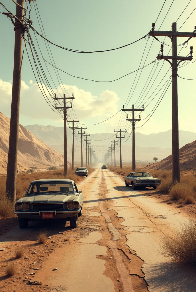 An abandoned desert road in a dilapidated state with a few electricity poles with broken wires and rusted car carcasses