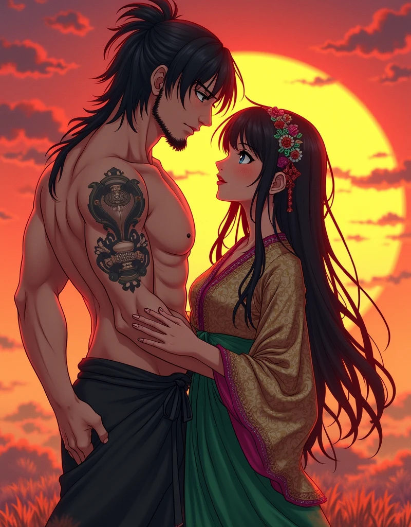 Create a anime style landscape image. Dramatic, anime, stylized portrait featuring two individuals against a vivid, sunset-colored background. The man, medium skin tone, is shirtless, showcasing a tattoo on his upper arm and wearing dark pants. He has long hair and a beard, and his expression is intense. The woman, with a medium skin tone, is dressed in a traditional, ornate outfit with intricate embroidery, featuring a green skirt and a richly decorated top. She has long, dark hair and is looking upwards with a serene expression. The overall composition is dynamic, with the man standing slightly behind the woman, his hand resting on her waist, creating a sense of connection and intimacy between them.