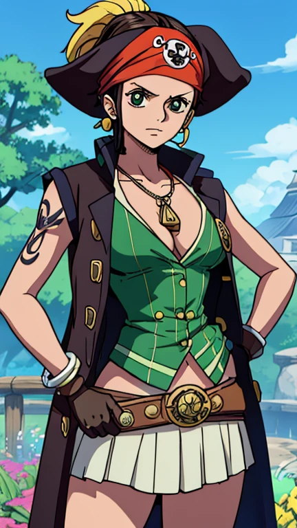 (1girl, ppgzbtc), (extremely detailed CG unit 8k wallpaper),(master part), (best quality), (ultra detail), (best illustration),(Oda Eiichirou (One Piece Style)), cowboy shot, (Sharp eyeliner, ombre, detailed eyes:1), garden, outdoors ,GHIBLI_Background, break , upper body,(green eyes, short hair), Not Horny Pirate
jewelry, belt, necklace, bracelet, earrings, pirate hat/bandana/headband, open clothes/shirt/vest/coat, tattoo, gloves