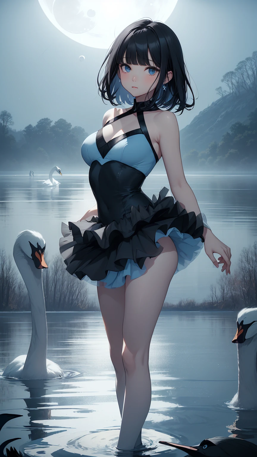 Highest quality, flying debris、Beautiful woman、Black Hair、(Dark blue eyes、Blunt bangs、Blunt bangs)、short hair、beginner,Full body portrait、break(Ballet Dancer、Ballet Dress、Tutu skirt:1.2)、break(((The lake of swan、Moonlit Night:1.3))),Big Breasts、((The fog is thick.))、BREAK((Black and light blue theme:1.2))
