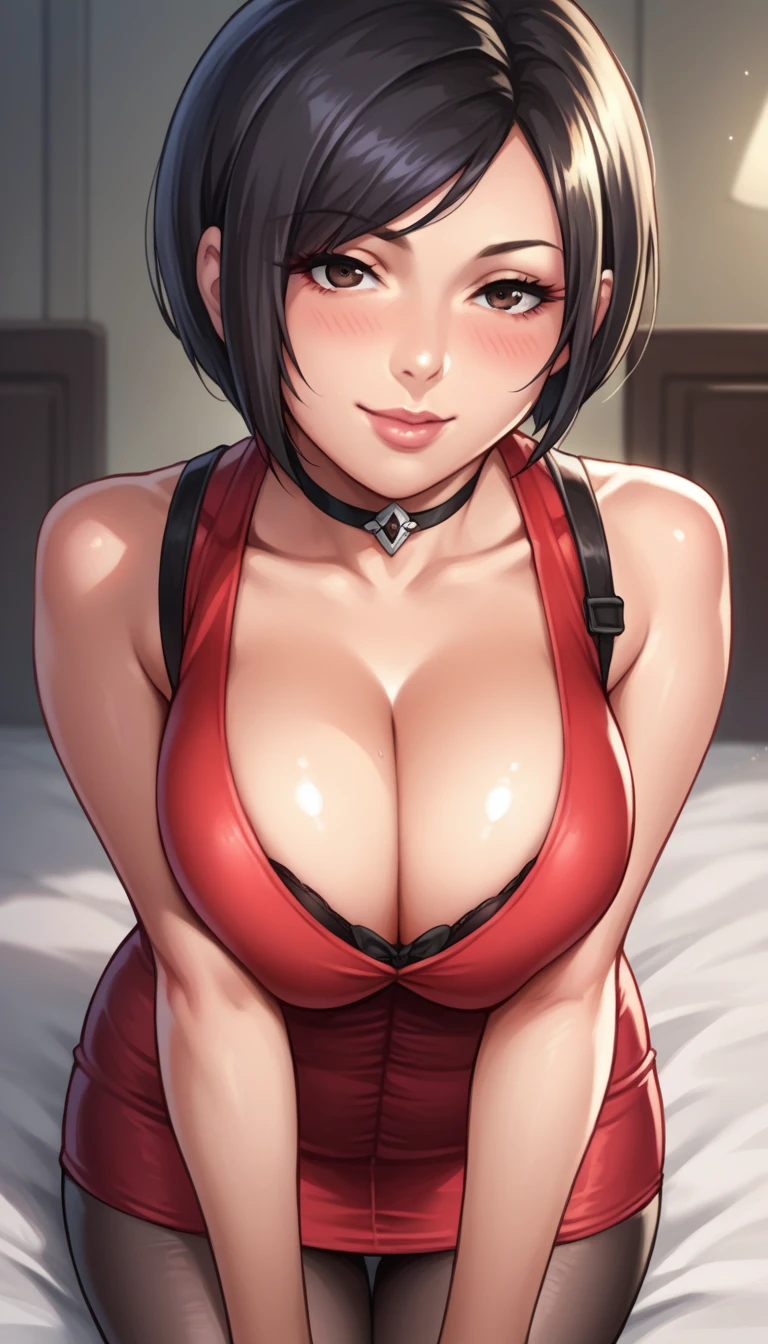 score_9, score_8_up, score_7_up, source_anime, realistic BREAK 1girl, solo, lips,adadress, black hair, short hair, black eyes, red dress, short dress, sleeveless dress, cleavage, choker, pantyhose, blush,seductive smile, looking at viewer, large breasts,breasts squeezed together, indoors, dark, darkness, arms at sides,