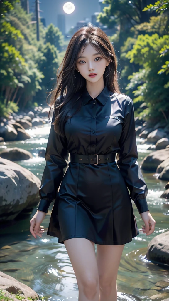 ulzzang-6500-v1.1, (RAW photo: 1.2), (Real photo), (Real photo: 1.4), 1 girl、Perfect anatomy、1、Looking at the camera、Medium length hair、uniform dress, walking beside a cool blue river in forest, with the moon and stars, ((by the river at night in forest: 1.1))、(Business service)、Asian eyes Ella,
