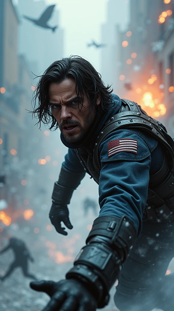 Bucky is depicted in a life-or-death situation, perhaps hanging from a cliff edge or caught in the blast of an explosion, his face showing a mixture of fear and determination. The scene around them is charged with tension: debris and dirt suspended in mid-air, flames from an explosion halted in their tracks, and soldiers frozen in the midst of combat.