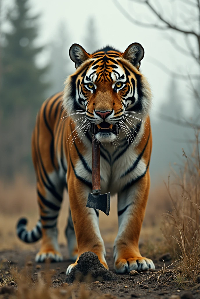 Tiger chops his own long tail in two with an axe, he cuts his own tail in two