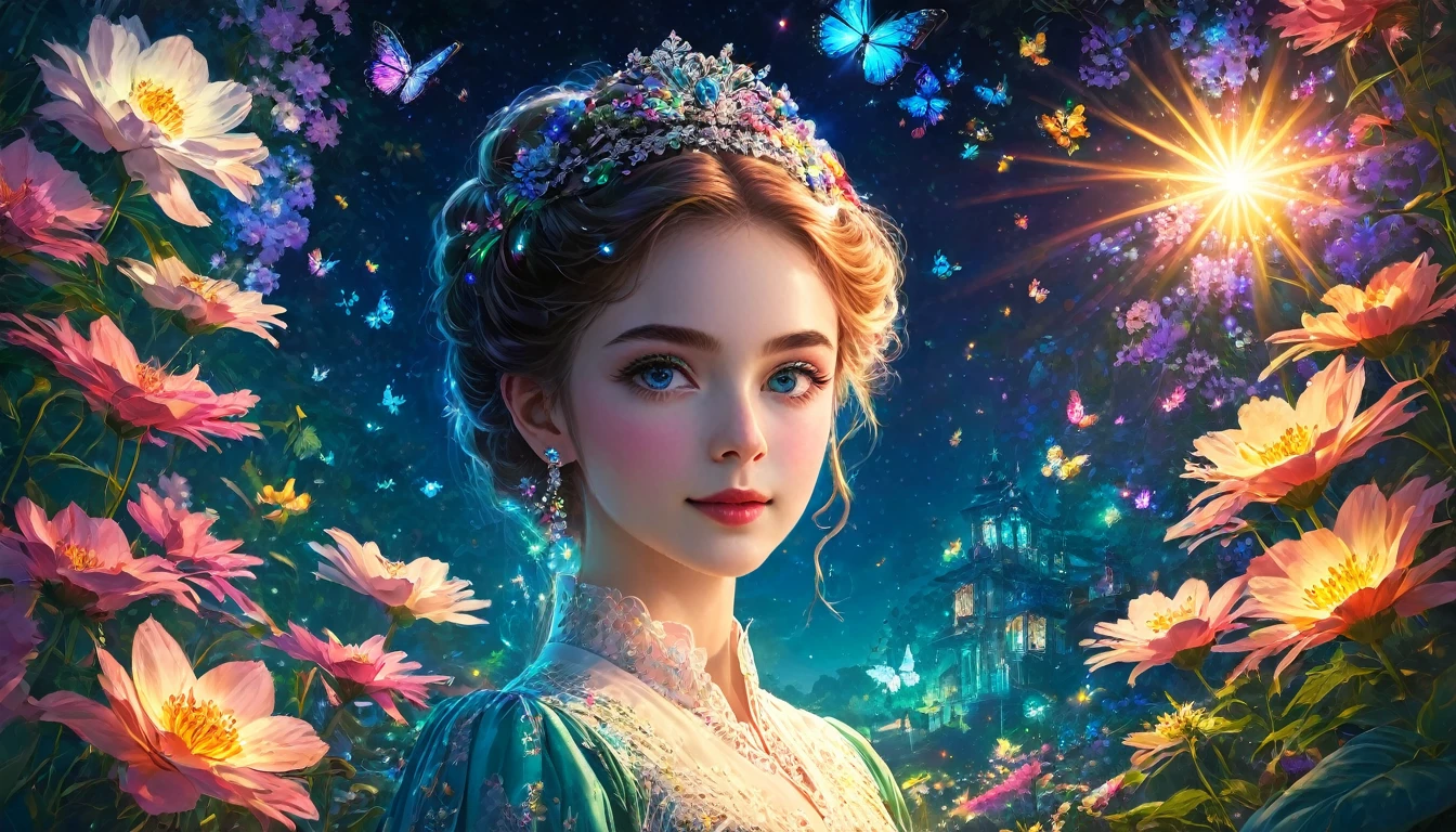 Portrait Photography、{{masterpiece}}, Highest quality, Highly detailed Unity 8k wallpaper, Cinema Lighting, Lens flare, Beautiful detailed wood々, Night Garden, colorful light, particle, Heterochromia iridis, (colorful:1.5),