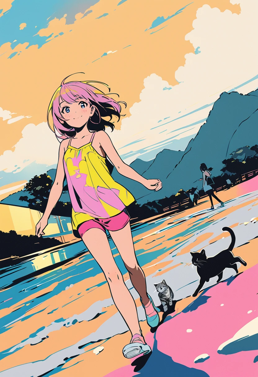 (masterpiece, best quality),Pop Art,Flat Color,A girl Strolling around with a kittens on the beach,girl and kitty,cute face,tween,(enjoying walking),beautiful detailed scenery, friendly,very happy,beautiful lighting,dynamic angle,depth of field,photographic portrait, sharp,illustration by hisashi eguchi,
