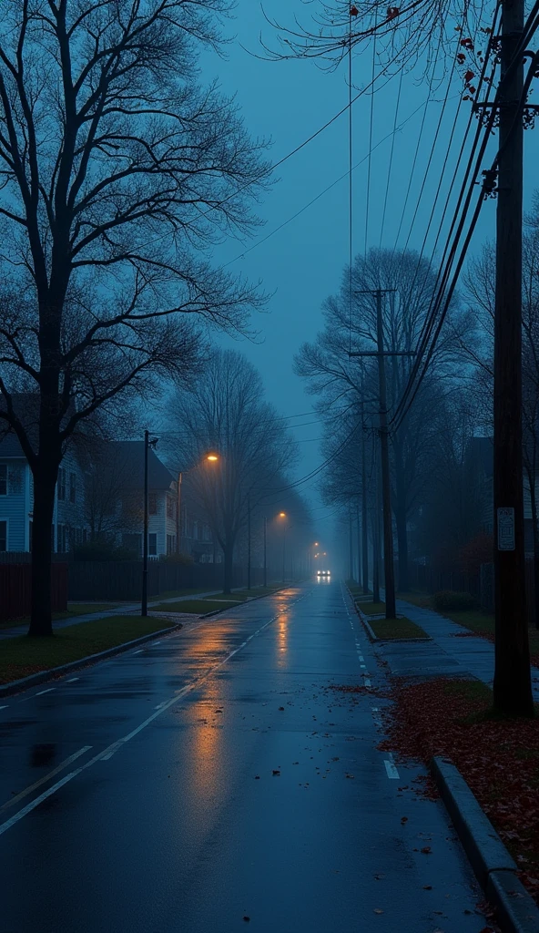 1990's blue hour vibe in the suburbs after raining, with a view of a street with houses on each side with their lights turned off, street lights turned off, no artificial light, no life forms in sight. Trees on both sides with autumn colors, leaves on the sides of the road