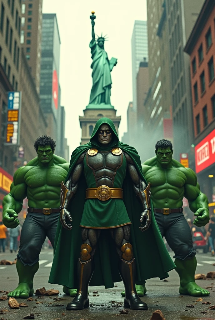 Doctor doom fighting against on hulk team in new York

