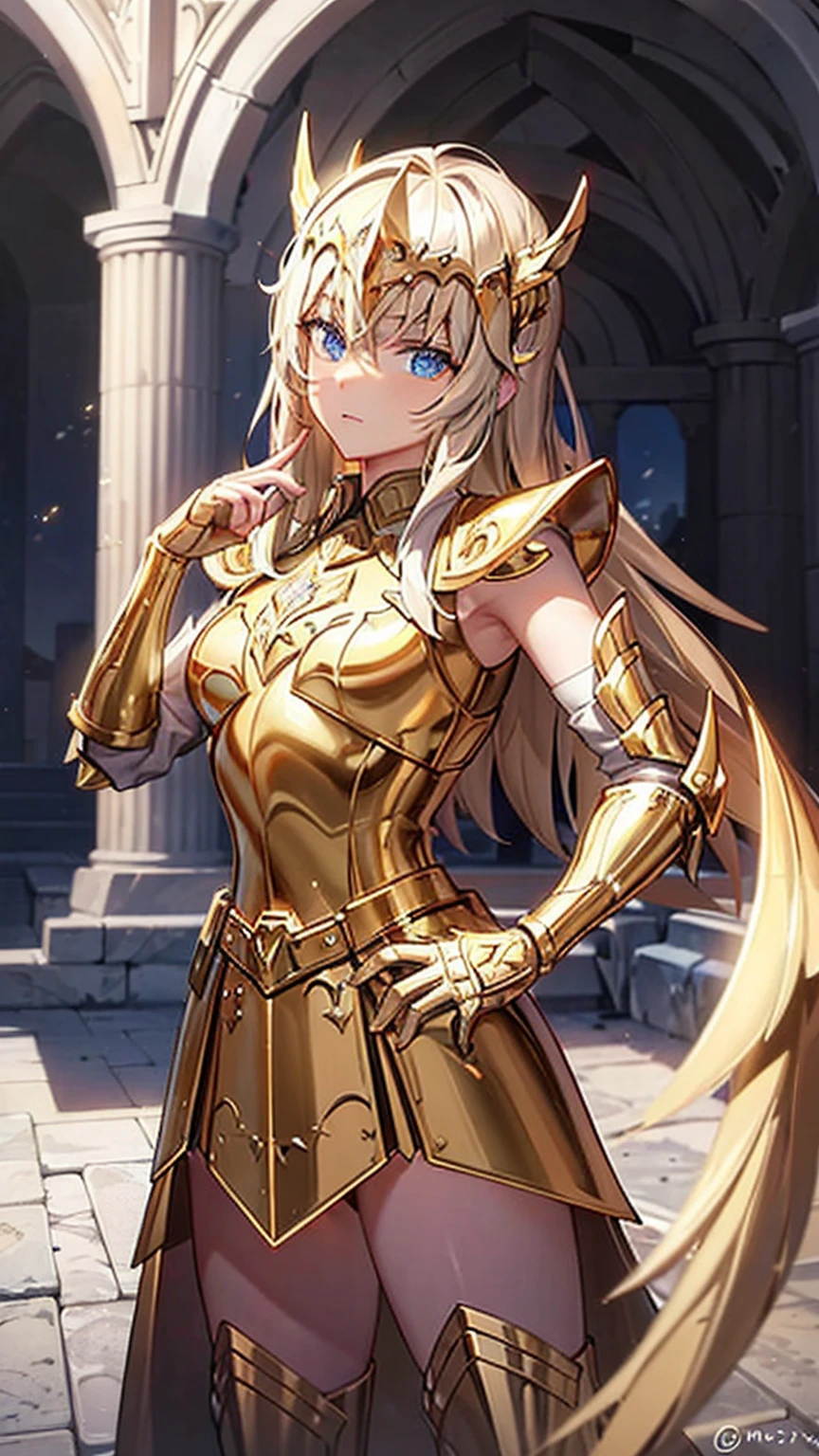 masterpiece, Highest quality, Very detailed, 16K, Ultra-high resolution, Cowboy Shot, Detailed face, Perfect Fingers, 1 female, , Greece, In front of the Parthenon, 射手座のarmor, armor, golden armor, wing, Helmet, long metal wing, long golden wing,Natural Blonde、Blue Eyes、White skin、