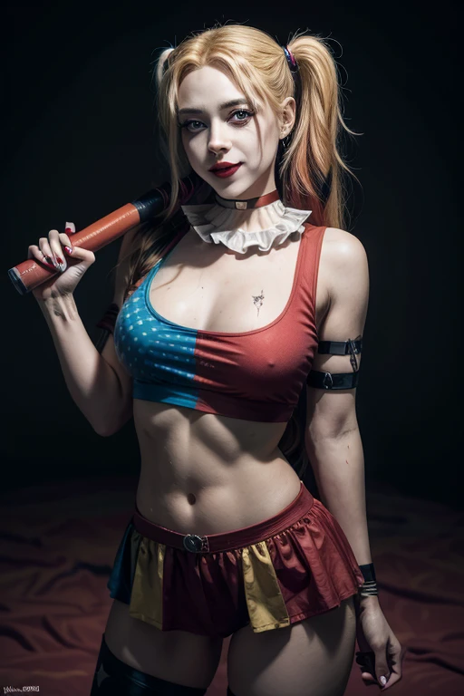 , with long hair, dressed as harley quinn, tight, holding a clown mallet, ultra realistic, 8k, 1.4