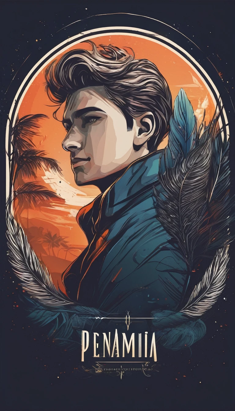 Create a minimal, modern, simple, inspirational, fantastic, poetic, epic, original, memorable, dream like, cinematic logo design of a dreamer boy and a cinematic, memorable feather for the brand “Penamemoria". The logo design must show the friendship and companionship between a dreamer boy and a fantasy feather