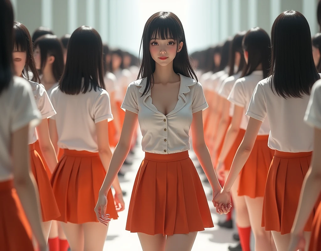 (((((Japanese Clone-girls=Myself))))), (((Super Best masterpiece Clone-girls Raw Photography Art))), (((16K, Highest quality, Ultra-high resolution, RAW Photos))), (((It's so unrealistic., With unparalleled depiction, With an unfathomable sight, An unprecedented and shocking worldview, Clone-girls: In a world of mass reproduction, Ultra-realistic))), (((Japanese Girls, Sasaki Nozomi, 26yo, Small face, Thick black hair, Medium to long hair, Dark Eyes, Mature face, Cute Smile, Smiling face, A gentle gaze, (((Very happy laughter)))))), (((Very beautiful detailed girls, Accurate body structure, Accurate body movements, Very detailed body, (((Super big breasts, Large bulge of ample breasts)))))), (((White short-sleeved shirt, I can see the cleavage, Emphasise the fullness of your breasts, Orange pleated mini skirt, Red color socks, Black leather shoes))), ((((((((Very detailed, Myself cloning, Depiction of splitting oneself, 1Myself girl→1,000,000,000,000,000,000,000,000,000,000Myself cloning girls)))))))), (((((((Myself clone-girlsから, Myself keeps multiplying, (Very detailed and intricate, To the exact, Flawless, (((In the same female body,With the same face, With the same hairstyle, In the same clothes, At the same height, 同じSuper big breastsである))), In a detailed depiction), 1,000,000,000,000,000,000,000,000,000,000 people))))))), (((((Myself girls only))))), (((((1,000,000,000,000,000,000,000,000,000,000Myself girls))))), (((((Very detailed depiction, Multiple or more Myselves, Physical contact, Pleasant conversation, Holding hands, Hug, walk, Turn around, Shift your gaze))))), (((Very detailed, Extremely crowded, Body-to-body contact with no gaps))), (Bright and soft lighting), (((((Clear and accurate perspective depiction, super wide view, Ultra-wide field of view, Focus on the average value of the image))))), A crowd of Myself filling up the horizon, Everyone is sexy!
