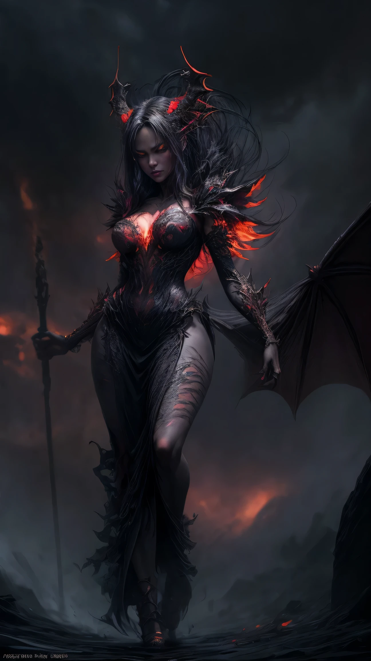 A detailed, high-quality storyboard artwork of a fierce dragon queen with a perfect demonic appearance, featuring long legs, a hourglass figure, glowing red eyes with extreme detail (1.4), a scarred face, a menacing expression, bioluminescent flame-like patterned skin, ready for battle, against a blurred stormy background with dark atmosphere and dramatic lighting, full body view.