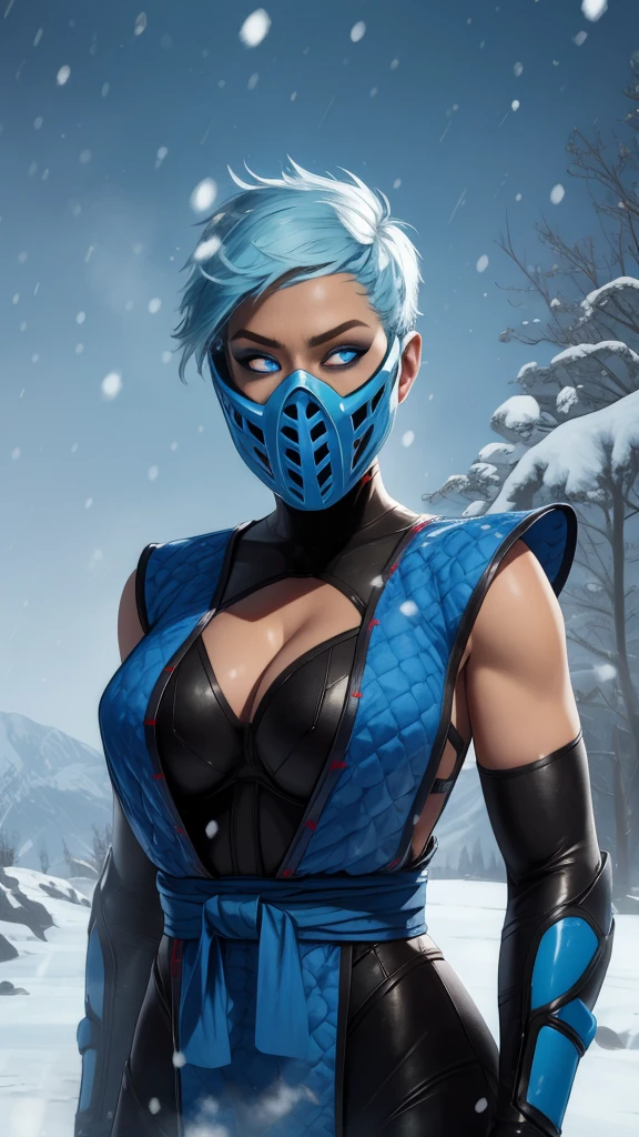 Frost,blue eyes,mouth mask,glowing eyes,short hair,
bodysuit,blue attire,cleavage,
standing,upper body,
dojo,snow,ice,
(insanely detailed, masterpiece, best quality) solo,