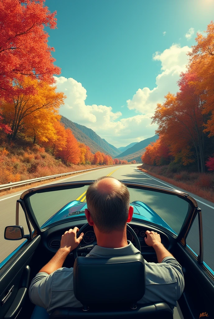 Man in the car driving in road trees red and blue highway driving