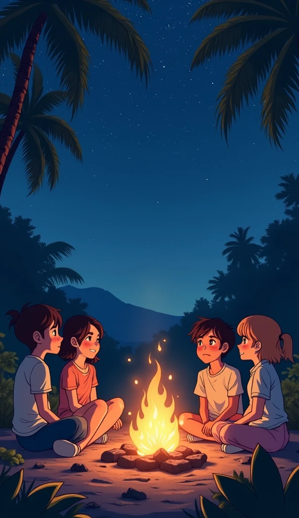 Campfire Friends: Create a cozy anime scene of a group of friends gathered around a campfire under a starry sky, sharing stories, with the fire casting a warm glow on their faces. --chaos 100 --ar 3:2 --stylize 1000 --v 5.1 beautiful peace scene, beautiful anime scenery, ( ( makoto shinkai ) ), makoto shinkai cyril rolando retro sunglasses, Hawaii, gta vice style , illustration , reteo comic illustration